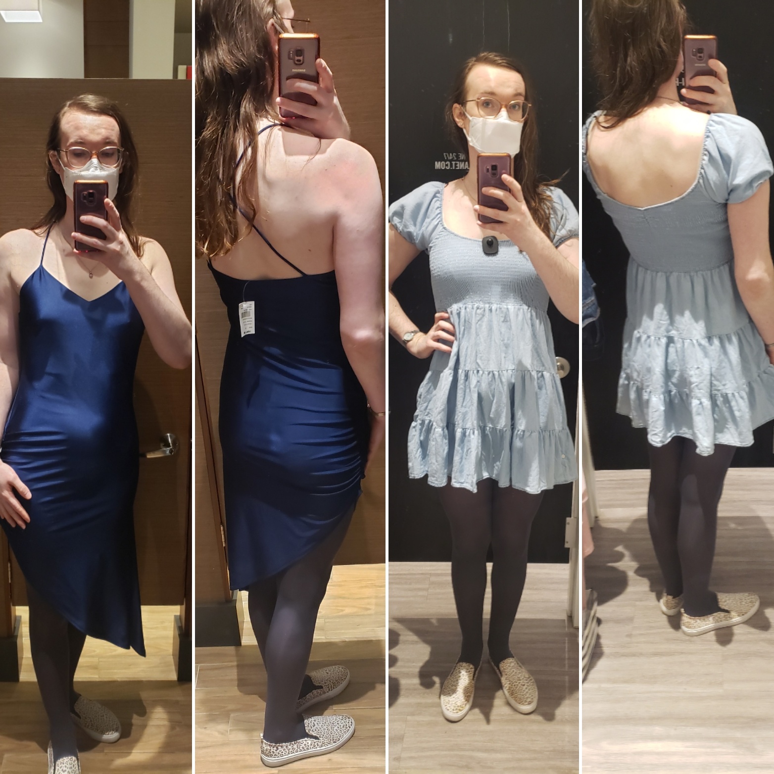Four fitting room selfies. The first two are in a dark blue dress with thin straps that cross over in the back. The second two are in a light blue dress with cap sleeves.