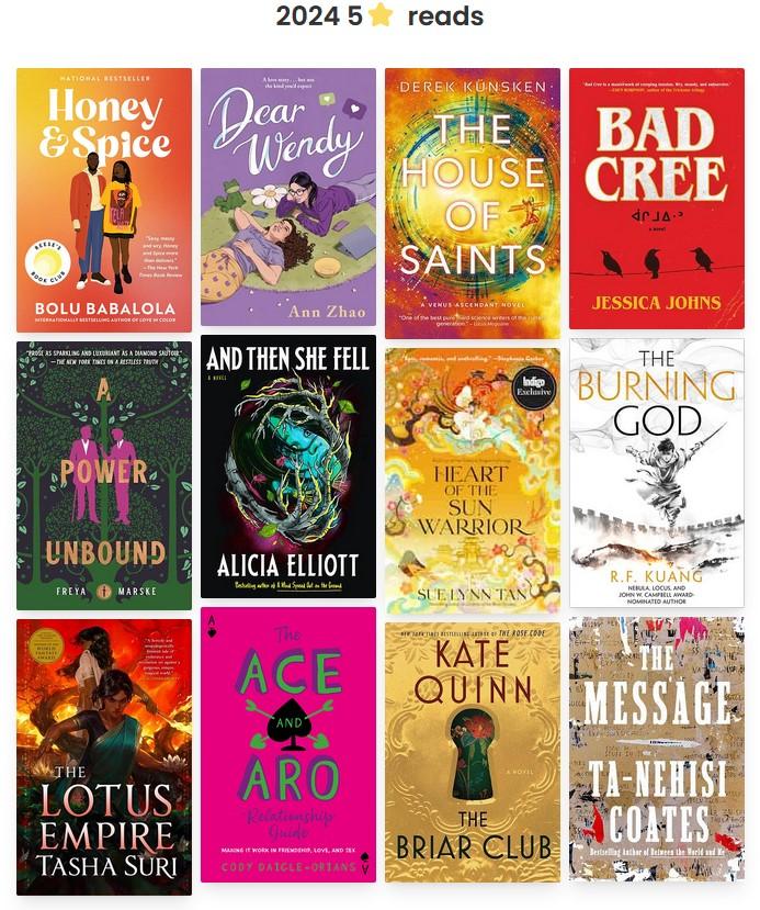 A collage of the covers of 12 books I gave five stars to in 2024: Honey and Spice, Dear Wendy, The House of Saints, Bad Cree, A Power Unbound, And Then She Fell, Heart of the Sun Warrior, The Burning God, The Lotus Empire, The Ace and Aro Relationship Guide, The Briar Club, The Message.