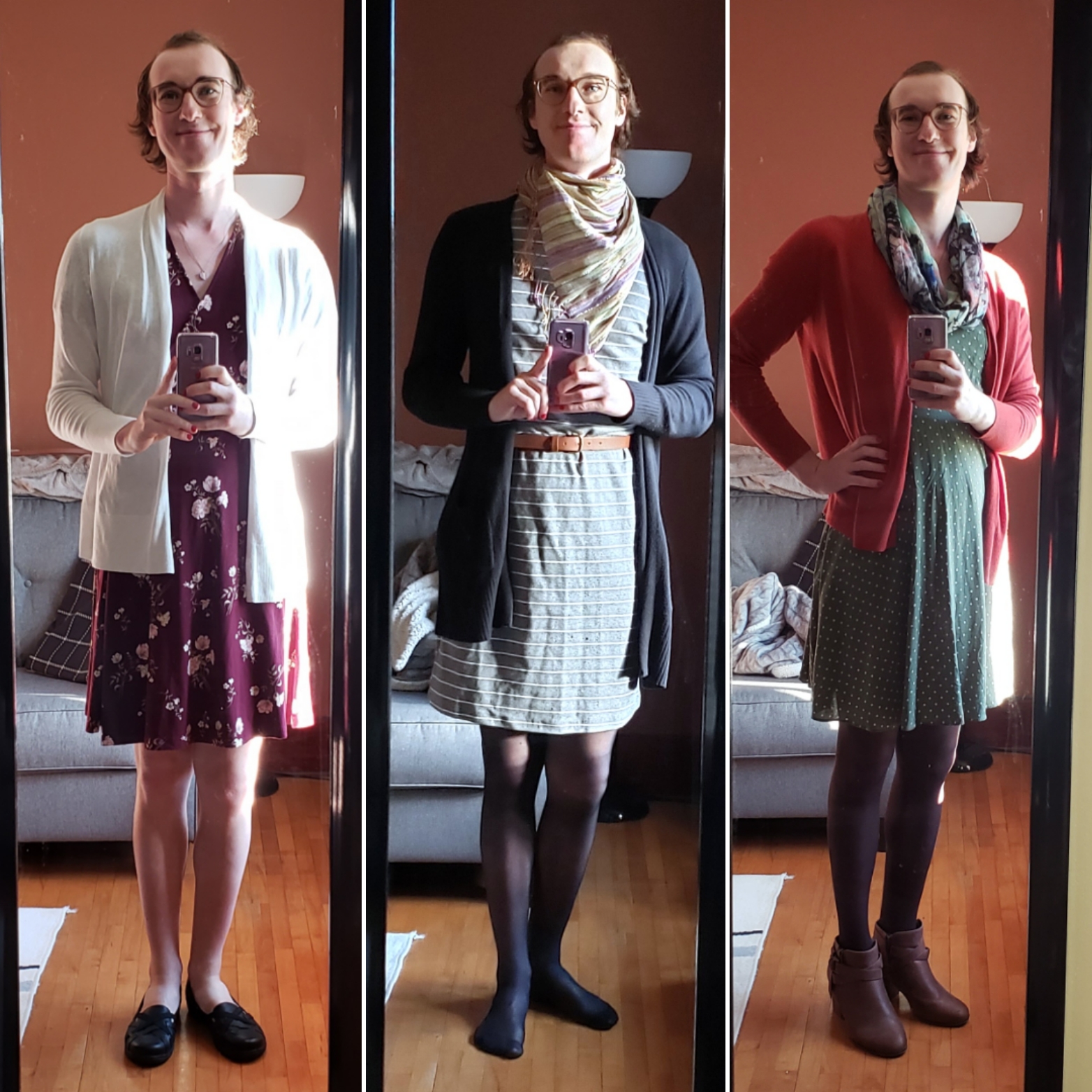 Photo of the 3 outfits I wore. The first is a burgundy dress with a floral motif, along with a white cardigan; the second is a grey and white striped sheathe dress with a black cardigan; the third is a green cami dress with white polka dots and an orange cardigan.