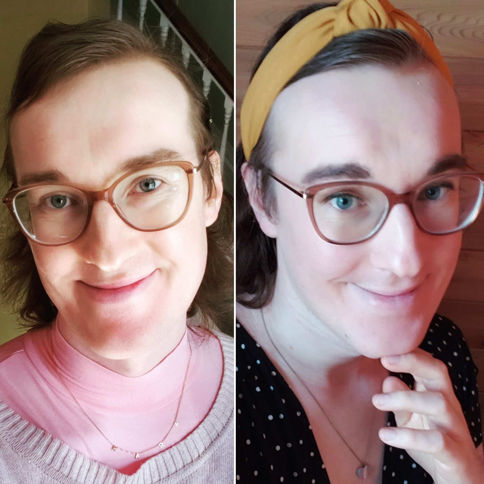 Composite photo. On the left, a selfie of me with no makeup, in a pink top. On the right, a selfie of me in a mustard headband and black dress with white polka dots and some eye makeup.