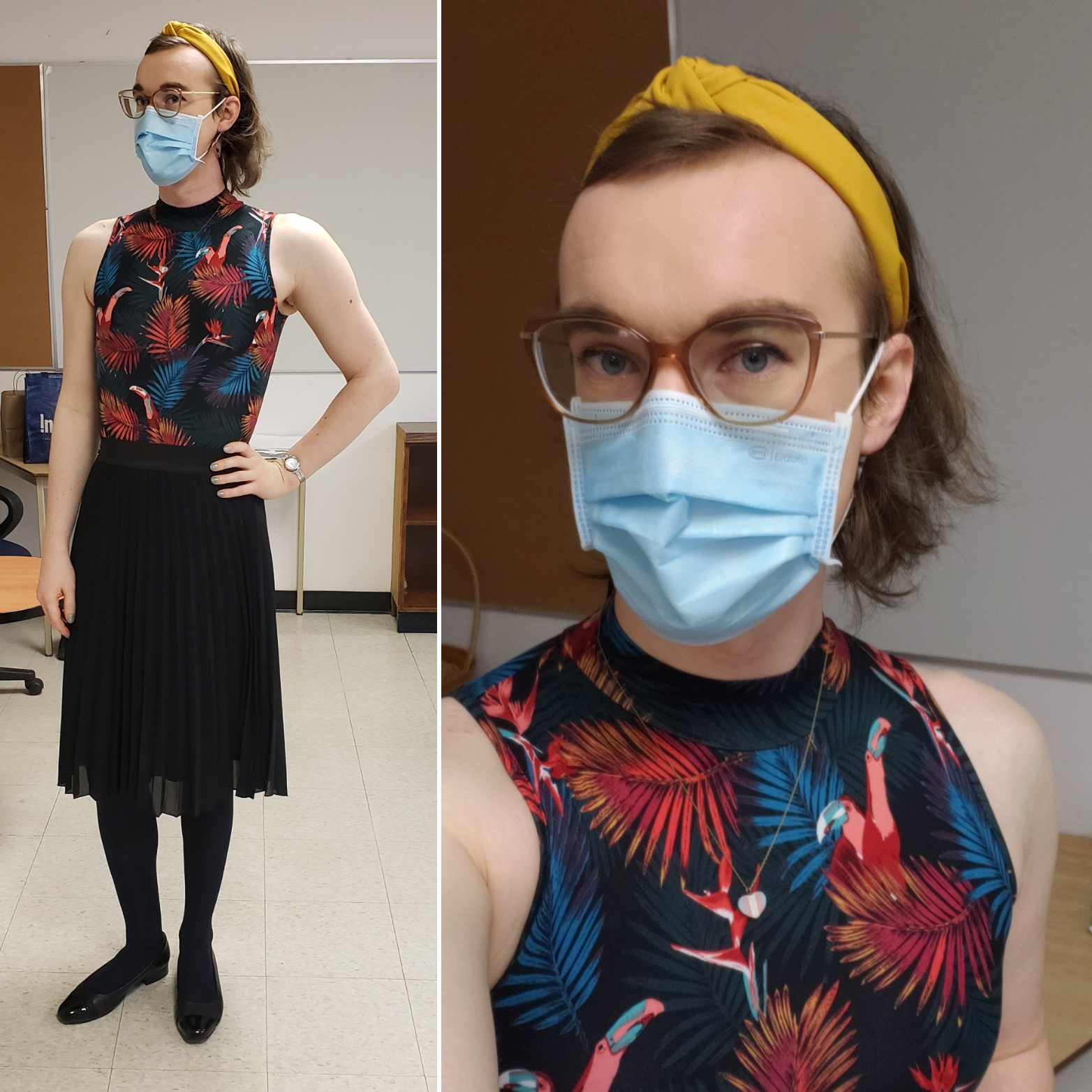 Composite photo. Left: a portrait shot of me in a sleeveless toucan print bodysuit and black pleated midi skirt. Right: a selfie closeup of my head.