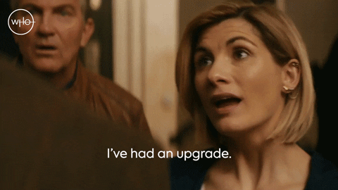 GIF of the 13th Doctor saying, 'I've had an upgrade, hi!'