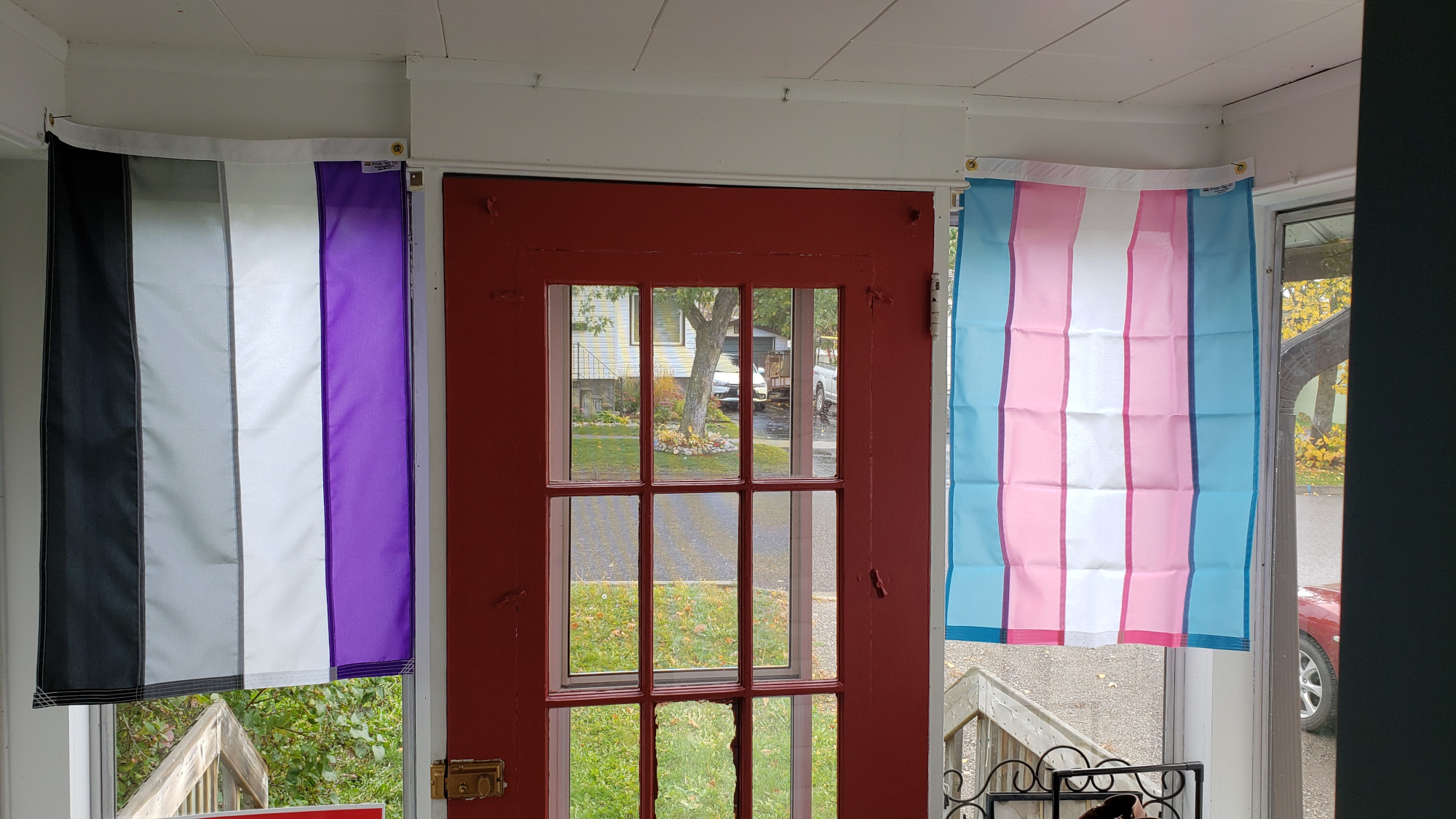 Photo of my front door from inside the front porch. The door is red. On either side hangs a pride flag: the asexual pride flag on the left, and the trans pride flag on the right.